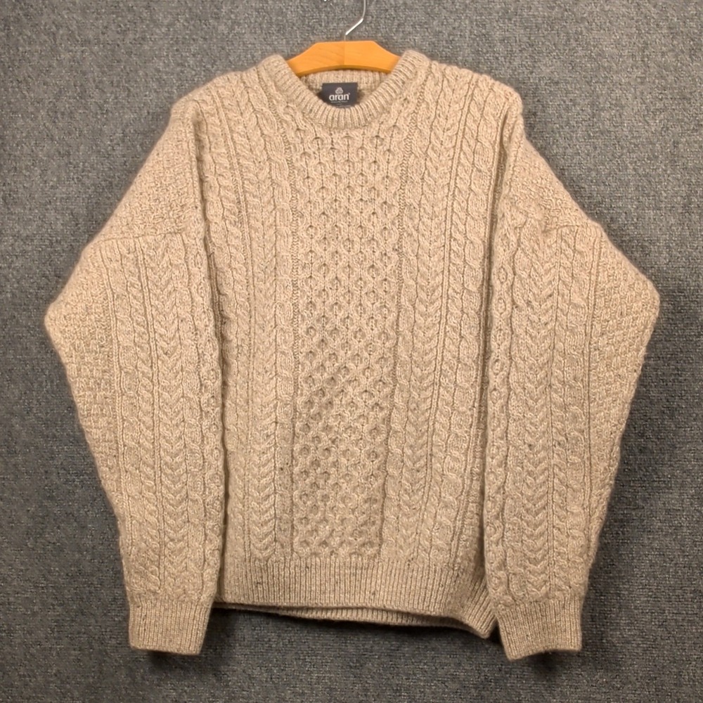 Aran Woollen Mills Unisex L Irish Fisherman Sweater 100% Wool Cable Knit Ireland